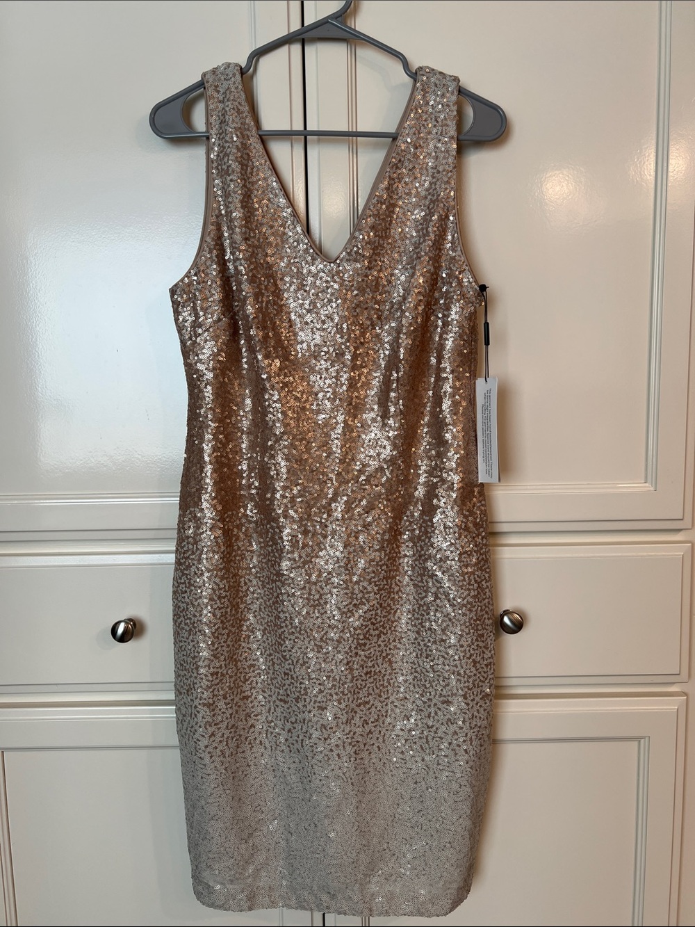 Calvin Klein Champagne Sequin V-Neck Sheath Dress